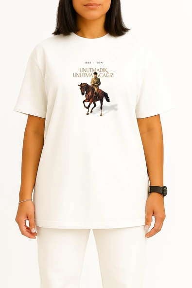 Oversize 10 Kasım Atatürk Unutmadık Unutmayacağız Göğüs Tasarımlı Unisex T-Shirt - Resim 5