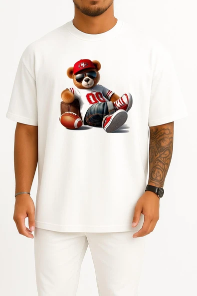 Oversize Havalı Teddy Ayıcık Göğüs Tasarımlı Unisex T-Shirt - Resim 4