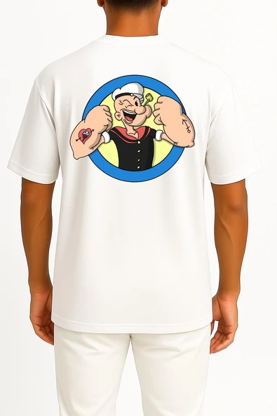 Oversize Temel Reis Popeye The Sailor Man Gym Cep ve Sırt Tasarımlı Unisex T-Shirt - Resim 2