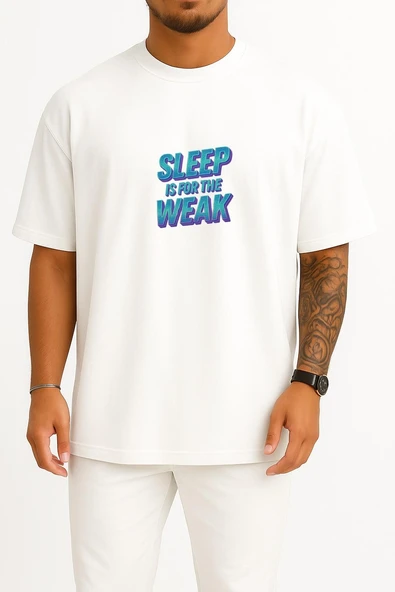 Oversize Sleep İs For The Weak Göğüs Tasarımlı Unisex T-Shirt - Resim 7