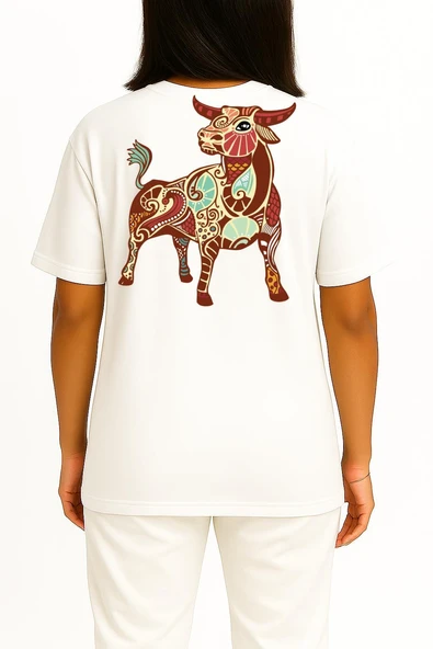Oversize Boğa Burç - Astroloji Cep ve Sırt Tasarımlı Unisex T-Shirt - Resim 9
