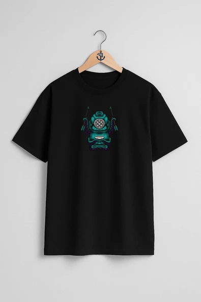 Oversize Mecha Octopus Diver Dalgıç Göğüs Tasarımlı Unisex T-Shirt - Resim 11