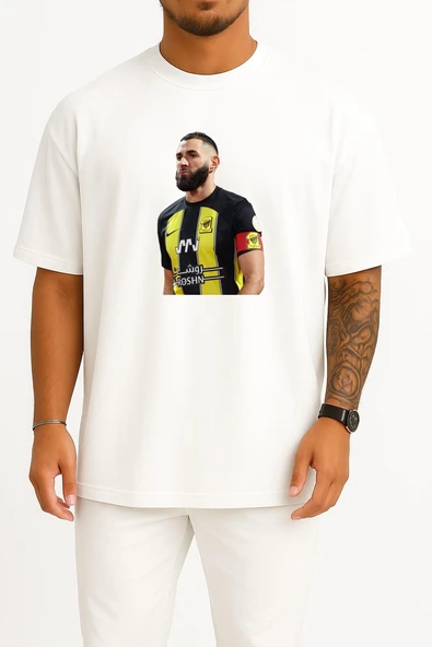 Oversize Karim Benzema Al Ittihad Saudi Göğüs Tasarımlı Unisex T-Shirt - Resim 5