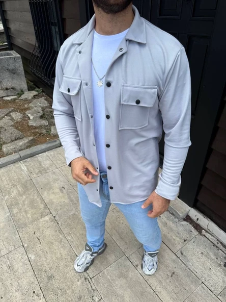 Erkek Diagonal Kumaş Cepli Çıtçıtlı Uzun Kollu, Gömlek Oversize Rahat Kalıp Günlük Şık Stil - Gri - Resim 4