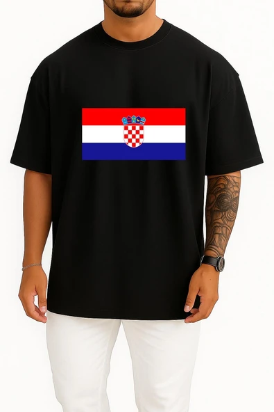 Oversize Flag Of Croatia Kingdom Of Croatia National Flag Göğüs Tasarımlı Unisex T-Shirt - Resim 9