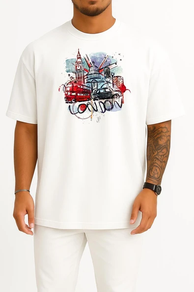 Oversize London - Londra Çizim Göğüs Tasarımlı Unisex T-Shirt - Resim 3
