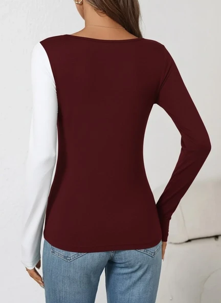 Lucky Life Kadın Uzun Kollu Geometrik Yaka Detaylı çift Renkli Viskon Bluz - Resim 3