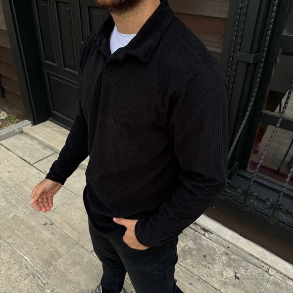 Erkek Fitilli Polar Sweatshirt – Düğmesiz Polo Yaka, Oversize Rahat Kalıp, Kalın Polar Kumaş, Kışlık Ve Baharlık Şık Günlük Üst - Siyah - Resim 4