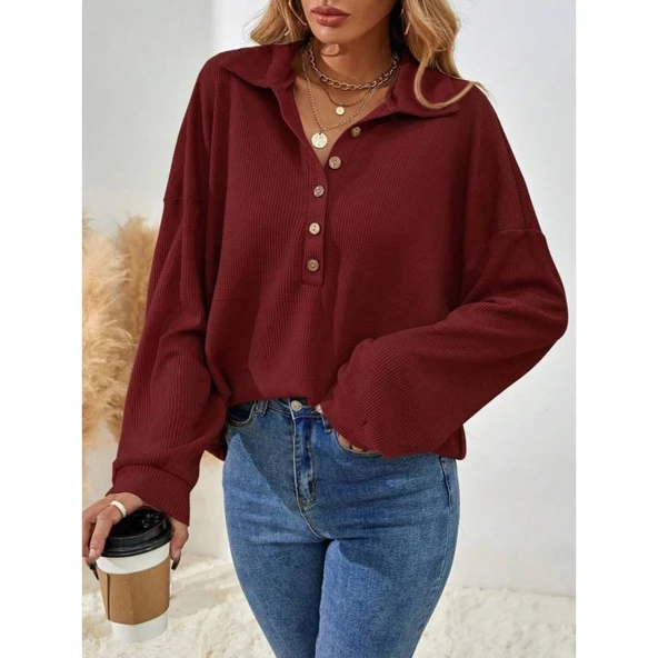 Lucky Life Kadın Uzun Kollu Yakalı Düğmeli Salaş Waffle Bluz - Resim 2