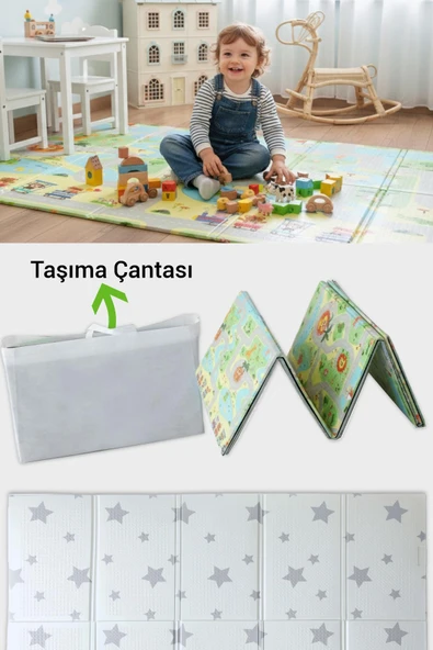 Wellgro Oyun Matı, 200x130x1 cm Çift Taraflı Katlanır Oyun Halısı - Resim 3