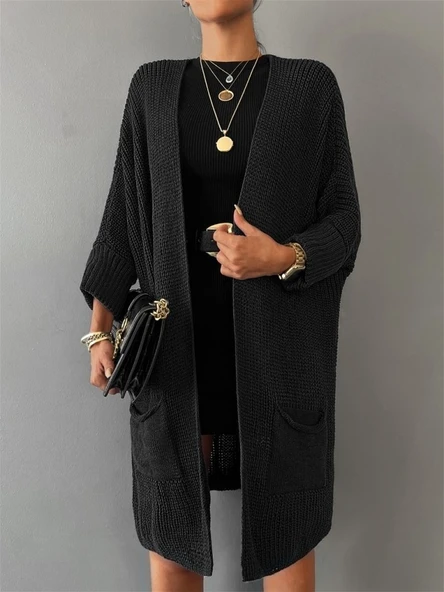 Kadın Oversize Kalıp Cep Detay Salaş Triko Hırka - Resim 3