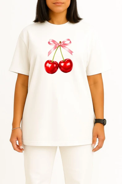 Oversize Cherry Kiraz Ve Kurdale Göğüs Tasarımlı Unisex T-Shirt - Resim 2