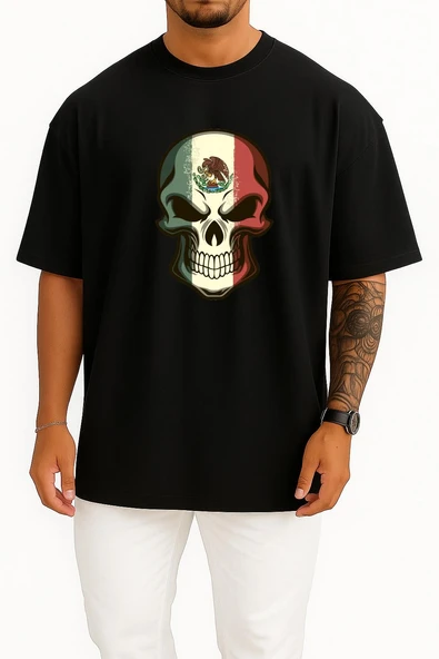 Oversize Flag Of Mexico Calavera Skull Decal Göğüs Tasarımlı Unisex T-Shirt - Resim 9