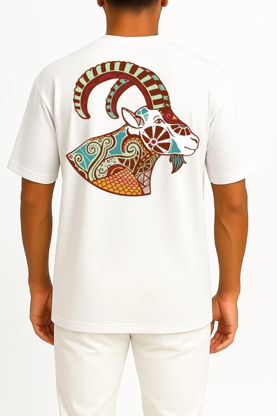 Oversize Oğlak Burç - Astroloji Cep ve Sırt Tasarımlı Unisex T-Shirt - Resim 12