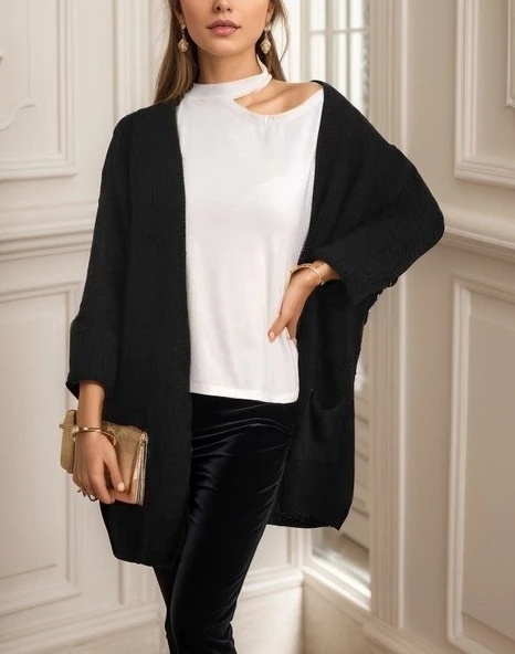 Kadın Oversize Kalıp Cep Detay Salaş Triko Hırka - Resim 6