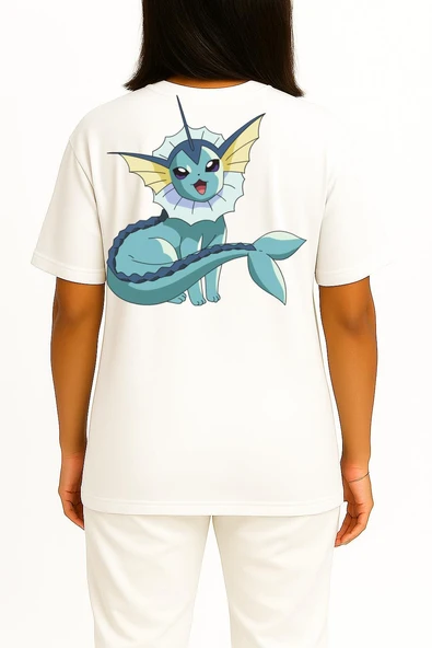 Oversize Vaporeon Cep ve Sırt Tasarımlı Unisex T-Shirt - Resim 4