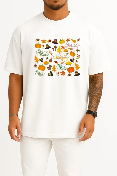 Oversize Thanksgiving Şükran Günü Göğüs Tasarımlı Unisex T-Shirt - Resim 10