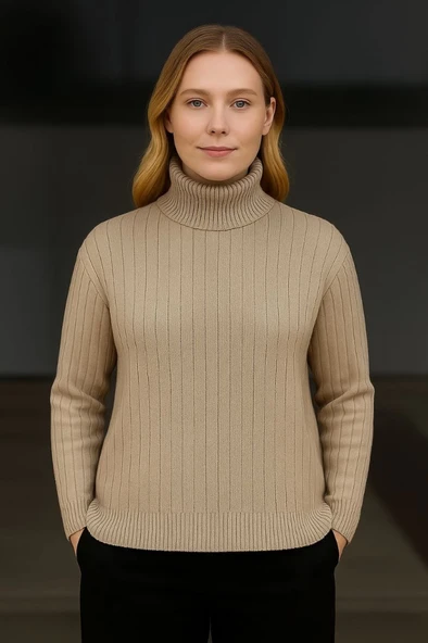 Balıkcı Yaka Bağazlı Triko Kazak Pamuklu Kalın Fitilli Dokuma - Bej - Resim 3