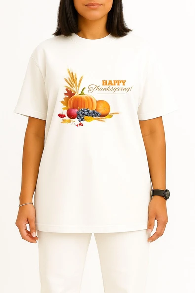 Oversize Mutlu Şükran Günü Meyveler Thanksgiving Göğüs Tasarımlı Unisex T-Shirt - Resim 8