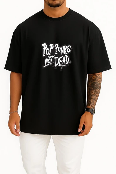 Oversize Pop Punks Not Dead Göğüs Tasarımlı Unisex T-Shirt - Resim 9