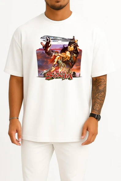 Oversize Red Sonja Conan The Barbarian Göğüs Tasarımlı Unisex T-Shirt - Resim 3