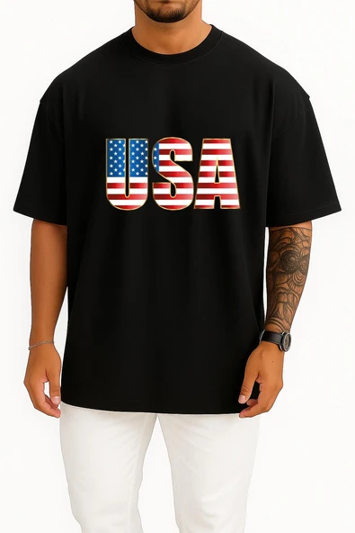Oversize United States Of America - Amerika Birleşik Devletleri Göğüs Tasarımlı Unisex T-Shirt - Resim 9