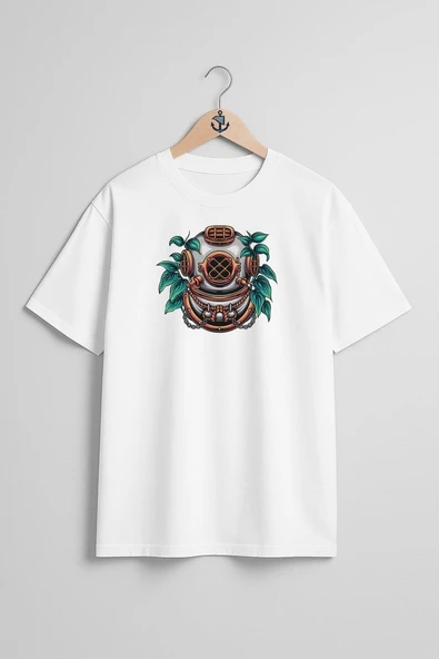 Oversize Dalgıç Diving Helmet With Plant İllustration Göğüs Tasarımlı Unisex T-Shirt - Resim 3