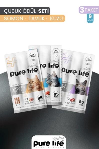 Plus Karışık 3'lü Stick Somon,Tavuk,Kuzu Etli Kedi Ödül Çubuk Seti (3x15 Gr) ürün görseli 1