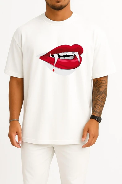 Oversize Dracula Vampire, Teeth Göğüs Tasarımlı Unisex T-Shirt - Resim 5