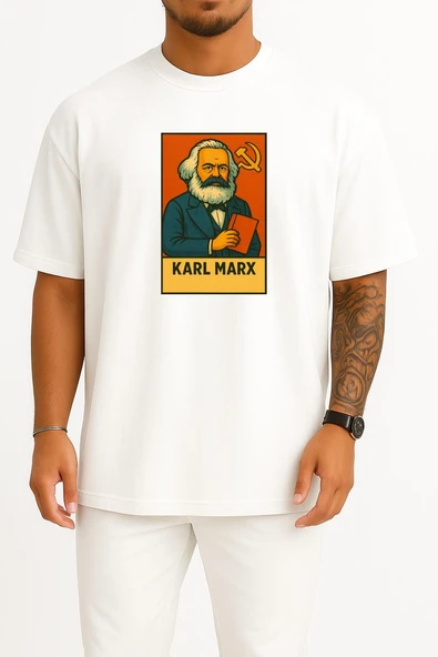 Oversize Karl Marx Sosyalizm Göğüs Tasarımlı Unisex T-Shirt - Resim 7