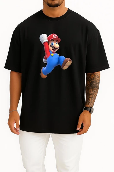 Oversize Süper Mario Göğüs Tasarımlı Unisex T-Shirt - Resim 9