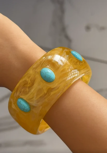 Kahverengi Ve Mavi Renk Taş Detaylı Kalın Kemik Mika Bileklik ürün görseli 1