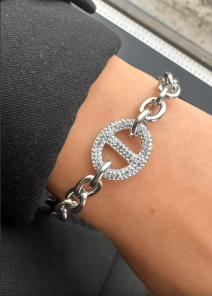 Gümüş Renk Taş Detaylı Çelik Bileklik ürün görseli 1