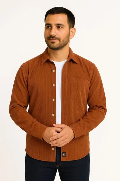 Erkek Fitilli Kadife Cepli Gömlek Oversize Rahat Kalıp - Kahverengi - Resim 4