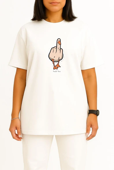 Oversize Duck You Göğüs Tasarımlı Unisex T-Shirt - Resim 8