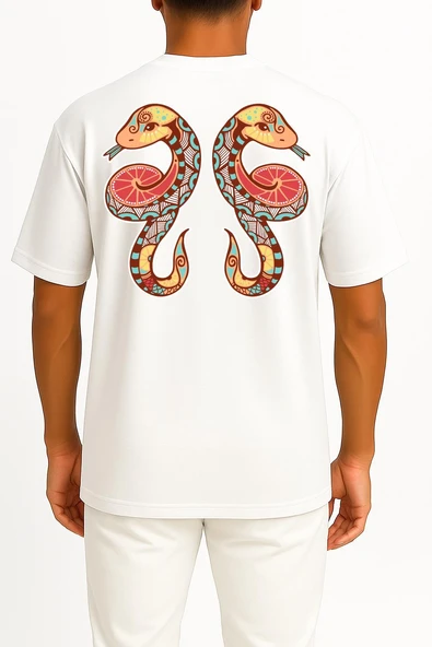 Oversize İkizler Burç - Astroloji Cep ve Sırt Tasarımlı Unisex T-Shirt - Resim 7