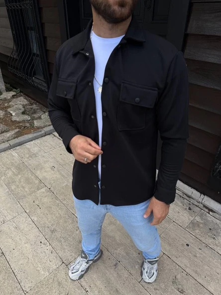 Erkek Diagonal Kumaş Cepli Çıtçıtlı Uzun Kollu, Gömlek Oversize Rahat Kalıp Günlük Şık Stil - Siyah - Resim 4