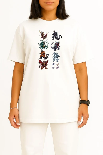 Oversize Godzilla Kaiju Megaguirus Gamera Göğüs Baskılı Unisex T-Shirt - Resim 5