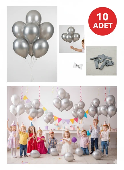 10 Adet Metalik Gri Parıltılı Metalik Balonlar ✨ Parti & Kutlama Paketi ürün görseli 1