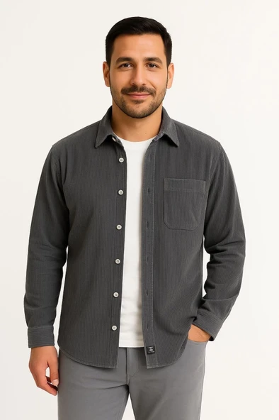 Erkek Fitilli Kadife Cepli Gömlek Oversize Rahat Kalıp - Füme - Resim 3