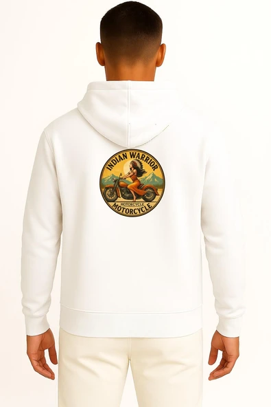 Kapüşonlu İndian Warrior Motorcycle Cep ve Sırt Baskılı Unisex Sweatshirt - Resim 11
