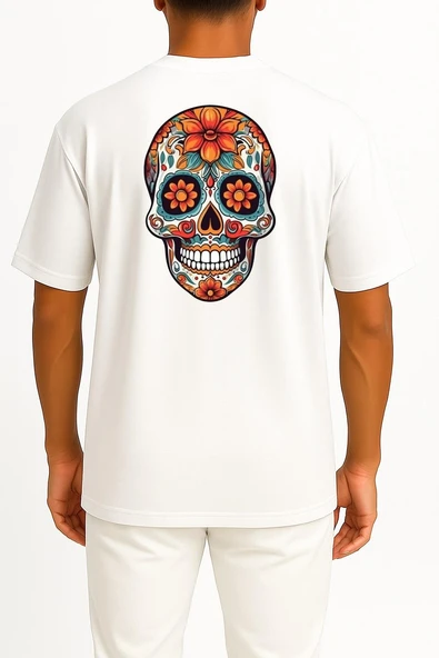 Oversize Mexican Day Of The Dead Skull Orange Pattern Cep ve Sırt Tasarımlı Unisex T-Shirt - Resim 8
