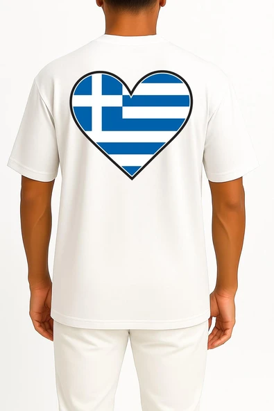 Oversize Flag Of Greece Graphy, Greece Cep ve Sırt Tasarımlı Unisex T-Shirt - Resim 2