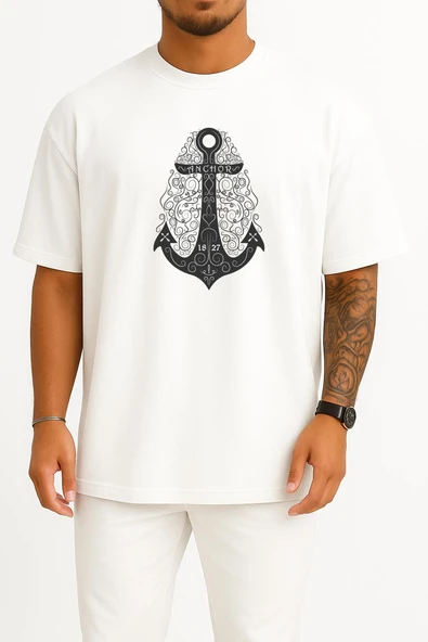 Oversize Vintage Anchor Göğüs Tasarımlı Unisex T-Shirt ürün görseli