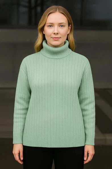 Balıkcı Yaka Bağazlı Triko Kazak Pamuklu Kalın Fitilli Dokuma - Mint Yeşili - Resim 2