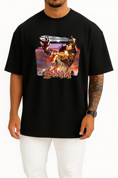 Oversize Red Sonja Conan The Barbarian Göğüs Tasarımlı Unisex T-Shirt - Resim 11