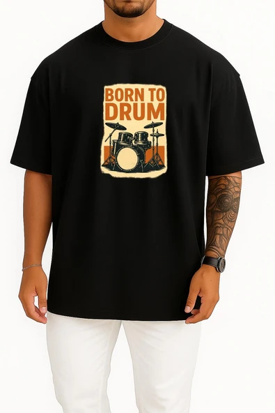 Oversize Bateri Davul İçin Doğmak Göğüs Tasarımlı Unisex T-Shirt - Resim 11