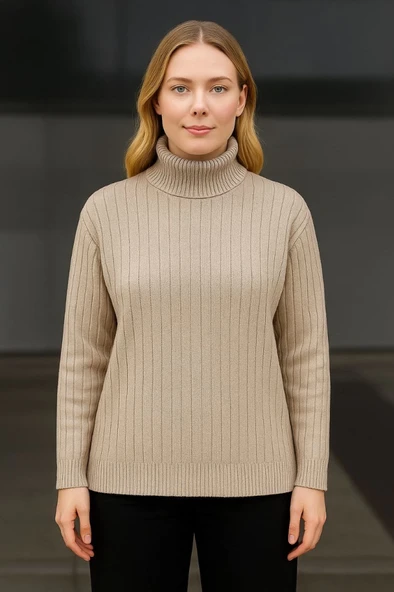 Balıkcı Yaka Bağazlı Triko Kazak Pamuklu Kalın Fitilli Dokuma - Bej - Resim 2