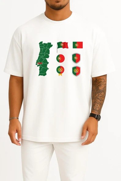 Oversize Portekiz Haritası Ve Bayrağı Göğüs Baskılı Unisex T-Shirt ürün görseli
