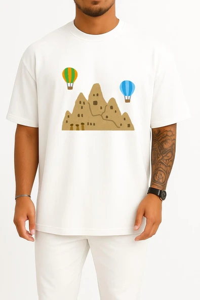 Oversize Kapadokya Peri Bacaları Ve Balonlar Göğüs Tasarımlı Unisex T-Shirt - Resim 7